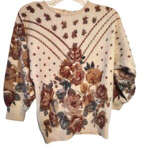 Vintage Medium Mariea Kim Sweater, Beaded Flower Dolman Sleeve Angora Blend